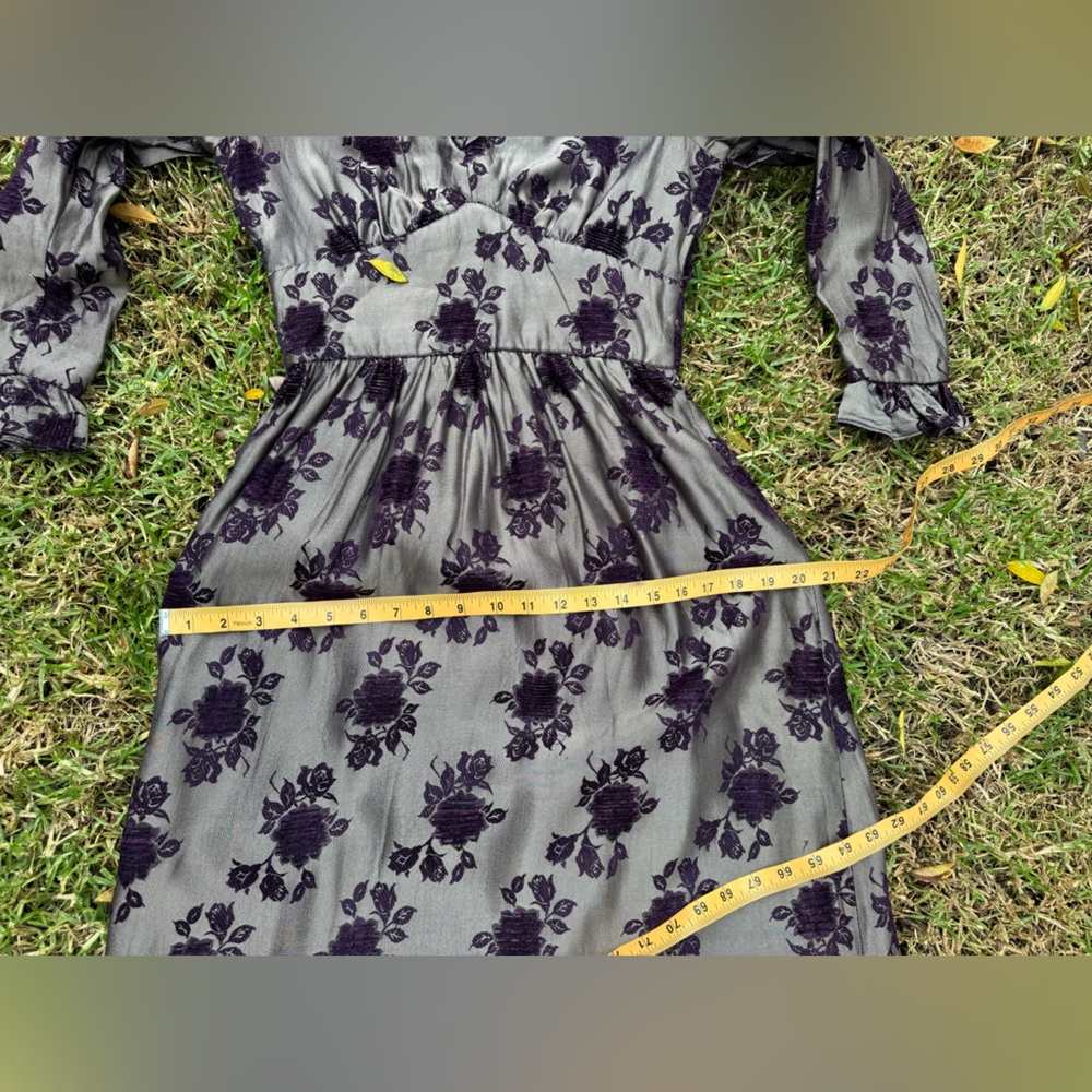 70s Vintage Victorian Revival Silver Floral Maxi Dress Sz Sm - Picture 9 of 9